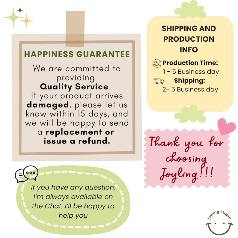 May include: A graphic with text about a happiness guarantee, quality service, and a replacement or refund policy. Additional text provides shipping and production information. A pink note says "Thank you for choosing Joyling!!!"