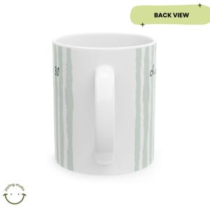 May include: White ceramic mug with a vertical stripe pattern in light green. The mug has a white handle and the text "30" and "cha" are visible. The words "BACK VIEW" are in a light green rectangle at the top. The Joyling Studio logo is at the bottom.