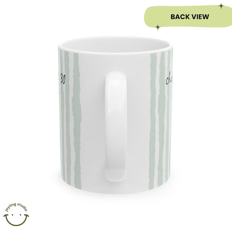 May include: White ceramic mug with a vertical stripe pattern in light green. The mug has a white handle and the text "30" and "cha" are visible. The words "BACK VIEW" are in a light green rectangle at the top. The Joyling Studio logo is at the bottom.