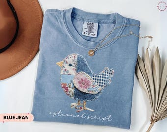 Personalized Patchwork Bird Shirt, Comfort Colors Floral Bird Tee, Cottagecore Nature Lover Gift, Custom Name Shirt, Spring Graphic Tee
