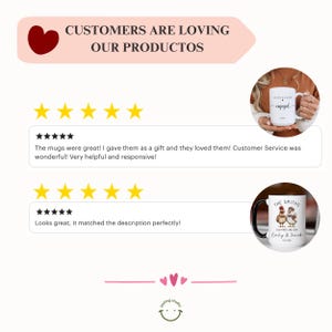 May include: White ceramic mug with the word "engaged" in black script. The image also shows a black and white mug with a chicken design and the text "The Smiths". The image includes customer reviews and the text "CUSTOMERS ARE LOVING OUR PRODUCTOS".