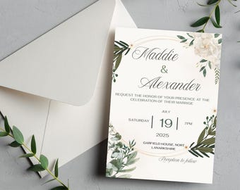 May include: Wedding invitation with the names "Maddie & Alexander" in elegant script, surrounded by floral and leaf accents. The invitation includes the date, time, and location, with an envelope in the background. The text reads "Request the honor of your presence at the celebration of their marriage."