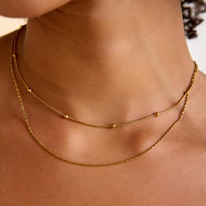 Layered Gold Necklace: Dainty Double Strand Beaded Choker
