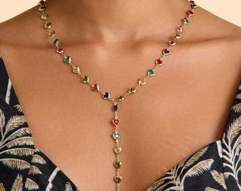 Y Necklace 18k Gold Plated Rainbow Lariat, Boho Y Drop Jewelry, Summer Necklace