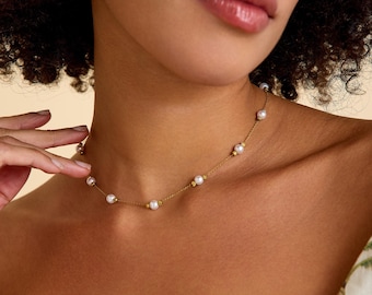 Collier multi-perles en plaqué or 18 carats, tour de cou en perles pour femme, Noël