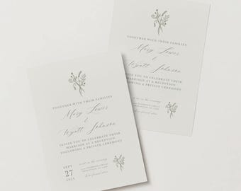 Plantilla editable de invitación de boda solo para recepción: invitación botánica minimalista de Canva - Flores dibujadas a mano / Descarga digital imprimible