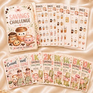Könnte beinhalten: Eine Sammlung gedruckter Spar-Challenge-Karten mit Illustrationen zum Thema Kaffee, Pastellfarben und Texten wie Savings Challenge, 1K, 2K, 3K, 4K, 5K und 10K. Die Karten zeigen verschiedene Getränke-Symbole und kleine Herzen.