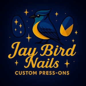 May include: A logo featuring a blue jay bird with yellow accents, two stylized eggs, and star shapes on a dark blue background. The text "Jay Bird Nails" is in a gold script font, with "CUSTOM PRESS-ONS" below.
