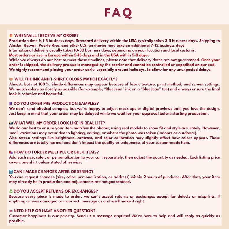 Puede incluir: Una p&aacute;gina web titulada "FAQ" con texto sobre plazos de entrega, coincidencia de colores, muestras de preproducci&oacute;n, apariencia del pedido, pedidos al por mayor, cambios en el pedido y devoluciones. Fondo crema, texto negro.