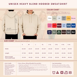 Puede incluir: Sudadera con capucha unisex de mezcla pesada beige con bolsillo delantero y carta de colores. La tabla de tallas muestra medidas en cm, con anchos que van de 50,8 cm a 86,36 cm.