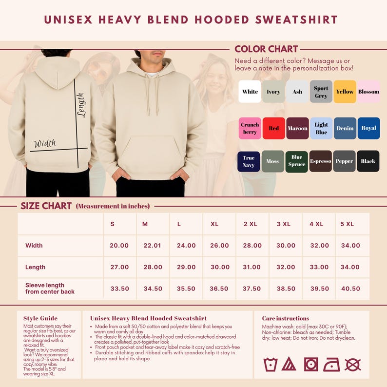 Puede incluir: Sudadera con capucha unisex de mezcla pesada beige con bolsillo delantero y carta de colores. La tabla de tallas muestra medidas en cm, con anchos que van de 50,8 cm a 86,36 cm.