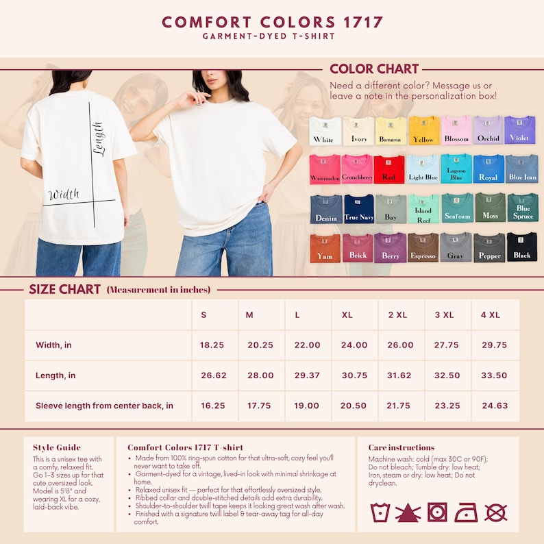 以下が含まれることがあります： クリーム色のComfort Colors 1717ガーメントダイTシャツ。インチ単位のサイズチャートが表示されています。シャツは人がモデルになっており、カラーチャートも含まれています。