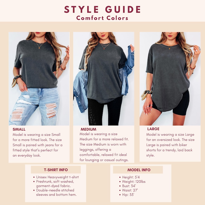 以下が含まれることがあります： 「Comfort Colors」というタイトルのスタイルガイドには、S、M、LサイズのグレーのTシャツを着た3人のモデルが写っています。ガイドには、Tシャツの特徴や、身長、体重、バスト、ウエスト、ヒップなどのモデルの測定値に関する詳細が含まれています。