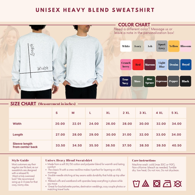 Puede incluir: Sudadera unisex de mezcla pesada en gris claro, con cuello redondo y pu&ntilde;os acanalados. La imagen incluye una carta de colores y una tabla de tallas con medidas en cm, que van de la S a la 5XL. Las medidas son visibles.