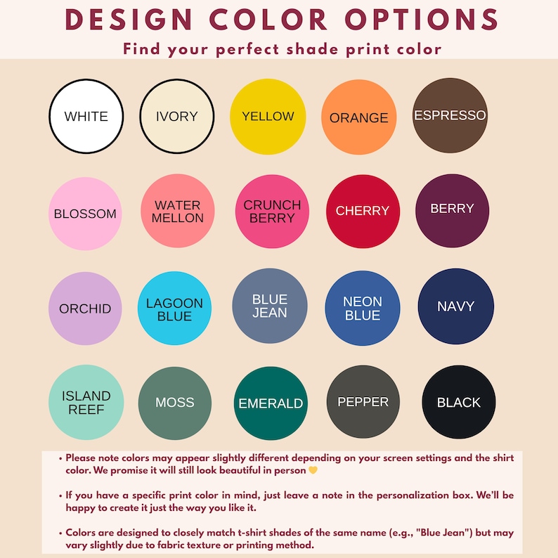 Puede incluir: Una tabla de colores con el texto "DESIGN COLOR OPTIONS" y "Find your perfect shade print color". La tabla muestra 20 opciones de color en c&iacute;rculos, incluyendo blanco, marfil, amarillo, naranja, espresso, blossom, water mellon, crunch berry, cereza, berry, orqu&iacute;dea, lagoon blue, blue jean, neon blue, navy, island reef, moss, emerald, pepper y negro.
