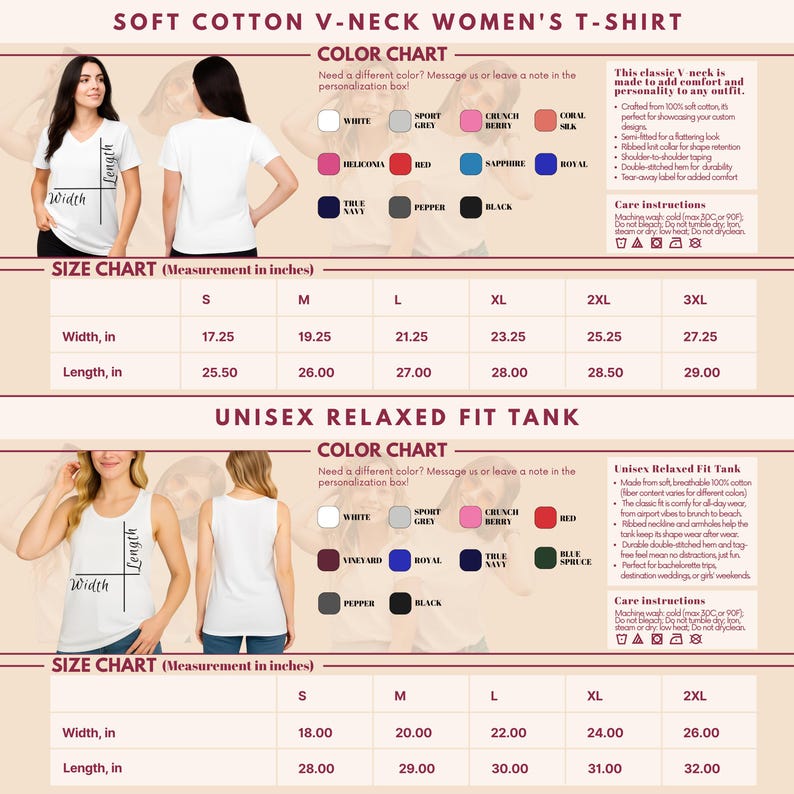 以下が含まれることがあります： 女性用ソフトコットンVネックTシャツとユニセックスリラックスフィットタンクトップのサイズチャートが掲載された商品画像。 幅と長さの測定値をcmで表示し、色のオプションも表示しています。