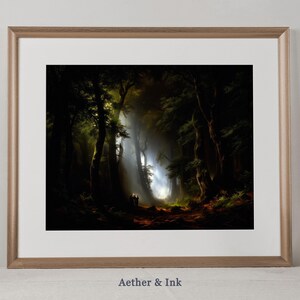 Mystic Night Forest Print: Light Beam Painting, Enchanted Woods (Digital Download)