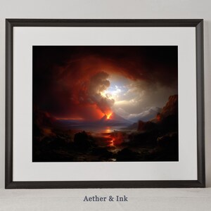 Puede incluir: Impresión artística enmarcada que presenta un paisaje dramático con un volcán en erupción bajo un cielo tormentoso. La obra de arte está enmarcada en un marco negro con un passe-partout blanco. El texto "Aether & Ink" está en la parte inferior.