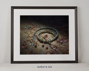 Vintage Pearl Necklace Painting: Moody Gothic Printable Art (Digital Download
