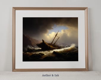 Vintage Shipwreck Painting: Stormy Sea Nautical Art (Digital Download