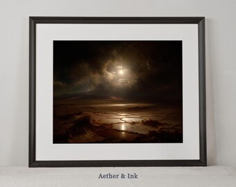 May include: Framed art print featuring a dramatic landscape under a stormy sky. The artwork depicts a cracked earth reflecting the light of a bright sun breaking through dark clouds. The print is framed in a black frame with a white mat. Text at the bottom reads "Aether & Ink."