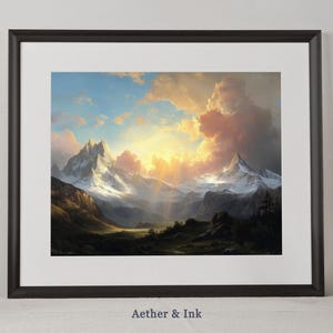 Puede incluir: Impresión artística enmarcada de un paisaje montañoso bajo un cielo dramático. La obra de arte muestra picos nevados, un valle y una vibrante puesta de sol con luz dorada. El marco es negro y el texto "Aether & Ink" está en la parte inferior.