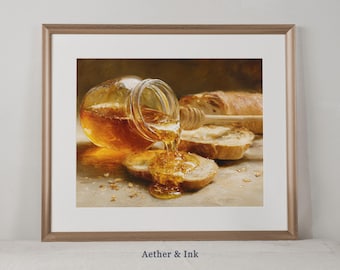 May include: A framed print showing honey being poured from a glass jar onto a slice of bread. A honey dipper rests on a slice of bread, and a loaf of bread is in the background. The image has a warm, inviting colour palette.