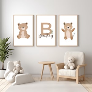 Personalized Bear Nursery Print | Baby Name & Initial | Woodland Boho Wall Art | Custom Digital Download | Gender Neutral Decor