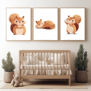 Squirrel Nursery Wall Art Set of 3 | Baby Room Printable Decor | Neutral Boho Animal Prints | Digital Download | Gender Neutral