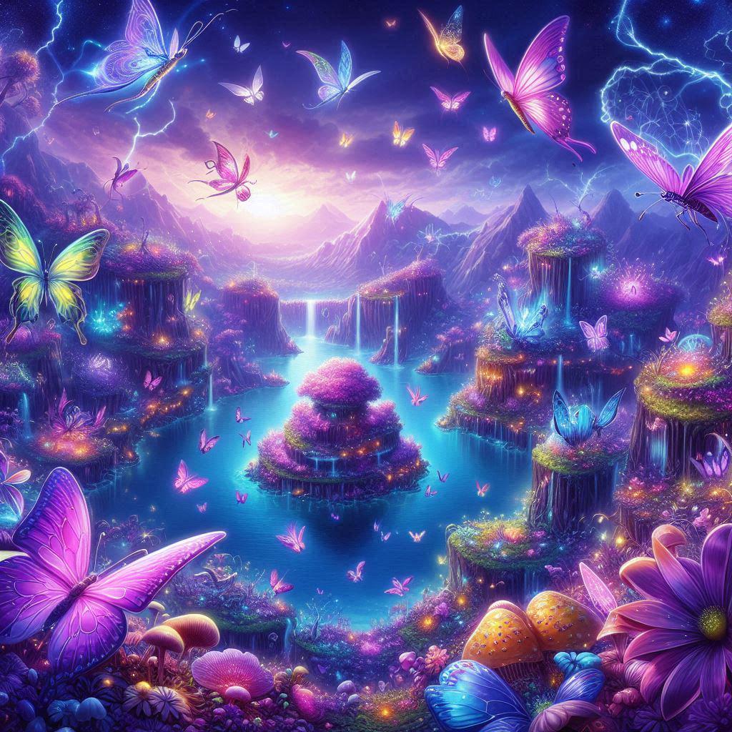 Desktop Wallpaper Art Fantasy Island Purple Butterflies AI Colorful ...