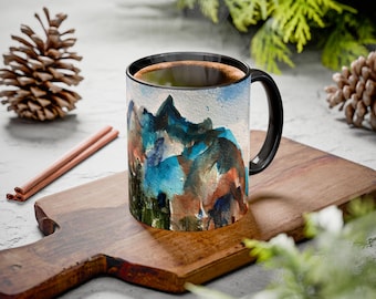 Taza de montaña en acuarela colorida: perfecta para amantes del café, regalo para entusiastas de la naturaleza, vaso inspirado en el arte, decoración de cocina única