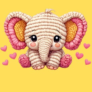 Puede incluir: Un juguete de elefante tejido a ganchillo con ojos grandes y expresivos, mejillas rosadas y una trompa. El elefante tiene orejas grandes con acentos rosas y amarillos. Corazones rosas flotan alrededor del elefante sobre un fondo amarillo. El juguete es suave y tierno.