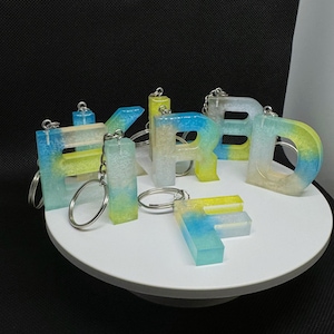 Ocean Breeze Resin Initial Keychains – Handmade Gradient Letters in Blue & Yellow
