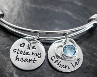 Wire Bangle -  Mother Son Jewelry - He stole my heart - Baby Shower Gift - New Mom Bracelet - Wire Bangle - Hand Stamped Mommy Jewelry