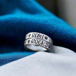 Stackable, Pet Personalized Ring, Paw Print, Stacking, Dog Cat Pet Ring, Adjustable Wrap Ring, Skinny Ring, Two Name Ring, Dog Cat Mom Gift