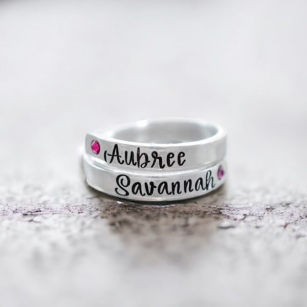 Personalized Name Ring, Mother's Wrap Ring, Birthstone Name Ring, Adjustable, Two Name Ring, Mom Grandma Ring, Anti-tarnish, Kids Name Ring