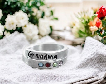 Personalized Grandma Ring, Birthstone Wrap Ring, Stacking, Mom Nana Mimi Oma Gigi, Name Ring, Anti-tarnish, Skinny Adjustable, Gift for her