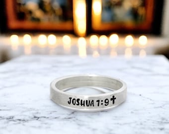 Cross Ring, Bible Verse Ring, Joshua 1:9, Scripture Ring, Faith Ring, Skinny Stacking Ring, Inspirational Ring, Minimalist, Baptism Gift