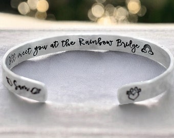 Pet Memorial Cuff Bracelet - I'll meet you at the Rainbow Bridge - Hidden Message Stacking Bracelet - Personalized Cat Dog Pet Loss Gift