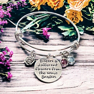 Personalized Sisters Bracelet, Wire Bangle, Different flowers from the same garden, Charm Birthstone Bracelet, Sisters Jewelry