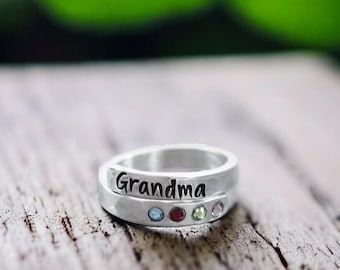 Personalized Grandma Ring, Birthstone Wrap Ring, Stacking, Mom Nana Mimi Oma Gigi, Name Ring, Anti-tarnish, Skinny Adjustable, Gift for her