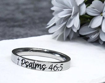 Scripture Ring, Cross, Bible Verse Ring, Faith Hope, Psalms 46:5, Skinny Stacking Ring, Inspirational Ring, Minimalist, Engraved, Christian