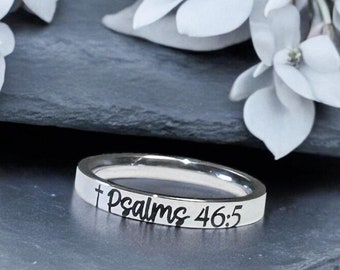 Bible Verse Ring, Scripture Ring, Cross, Faith Hope, Psalms 46:5, Skinny Stacking, Inspirational Ring, Minimalist, Engraved, Christian Ring
