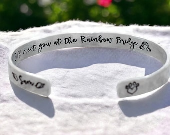 Pet Memorial Cuff Bracelet - I'll meet you at the Rainbow Bridge - Hidden Message Stacking Bracelet - Personalized Cat Dog Pet Loss Gift