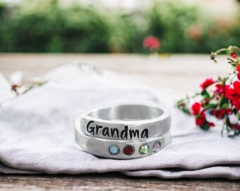 Personalized Grandma Ring, Birthstone Wrap Ring, Stacking, Mom Nana Mimi Oma Gigi, Name Ring, Anti-tarnish, Skinny Adjustable, Gift for her