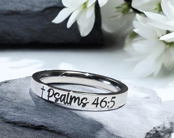 Scripture Ring, Cross, Bible Verse Ring, Faith Hope, Psalms 46:5, Skinny Stacking Ring, Inspirational Ring, Minimalist, Engraved, Christian