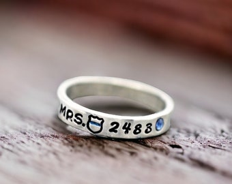 Police Wife Ring, Badge Number, Personalized, Mrs., Police Badge Ring, Stacking, Police Officer, Thin Blue Line, Skinny, Gift, Back the Blue