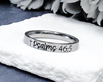 Scripture Ring, Cross, Bible Verse Ring, Faith Hope, Psalms 46:5, Skinny Stacking Ring, Inspirational Ring, Minimalist, Engraved, Christian