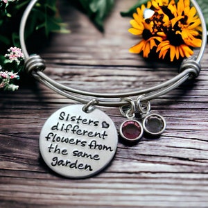 Sisters Bracelet, Best Sis, Sisters for Life, Different flowers from the same garden, Birthstone Charm Bracelet. Sisters Jewelry, Gift Her