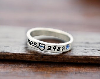 Police Wife Ring, Badge Ring Number, Personalized, Mrs., Police Badge, Stacking, Police Officer, Thin Blue Line, Skinny, Gift, Back the Blue